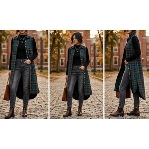 Eleven22 Plaid Sleeveless Button Front Maxi Duster Dress - Size M - Black Watch